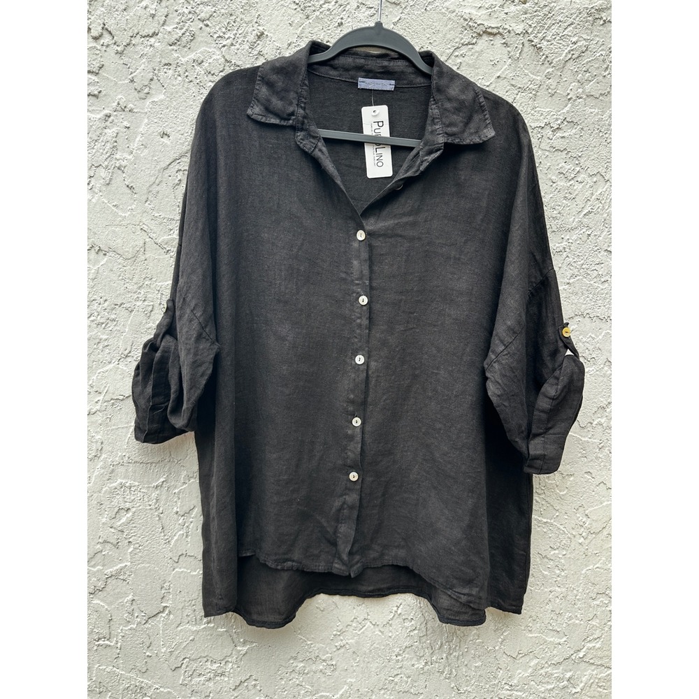 Puro Lino Black Linen Oversized Button Down Shirt Italy Lagenlook One Size